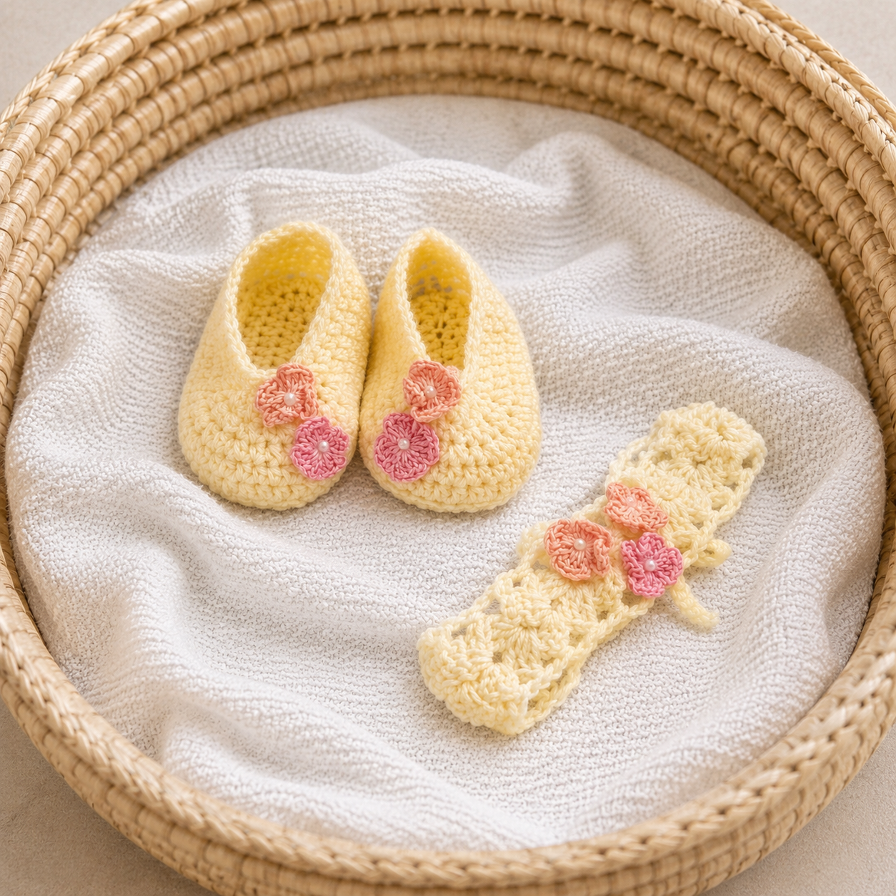 Handmade Crochet Baby Booties with Peach & Pink Floral Headband Set