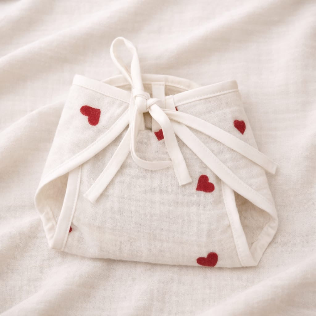 Muslin Cloth Diaper – Soft Ivory with Red Heart Print
