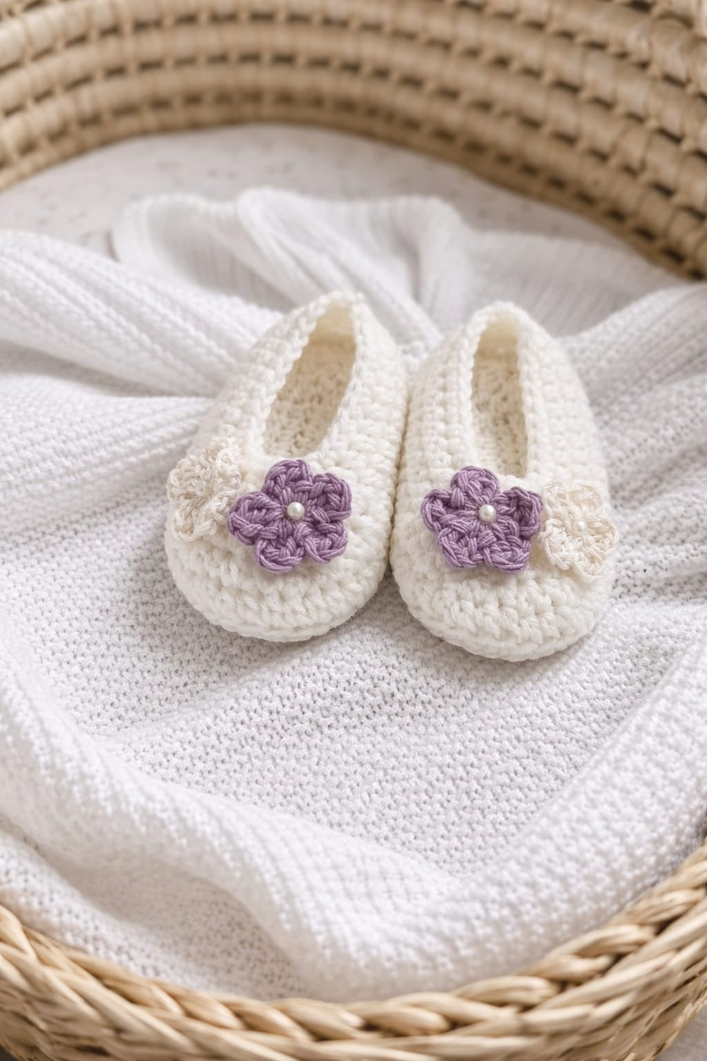 Handmade Crochet Baby Booties With Lavender Floral