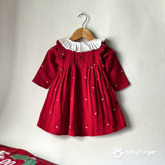 Baby Girls Red Pleated Party Dress with White Ruffle Collar