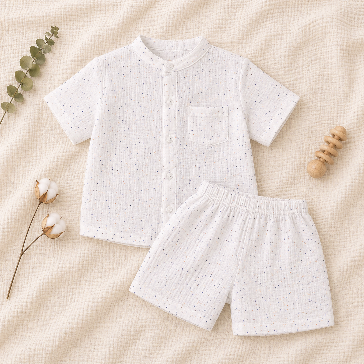 White Speckled Baby Boy Shirt & Shorts Set