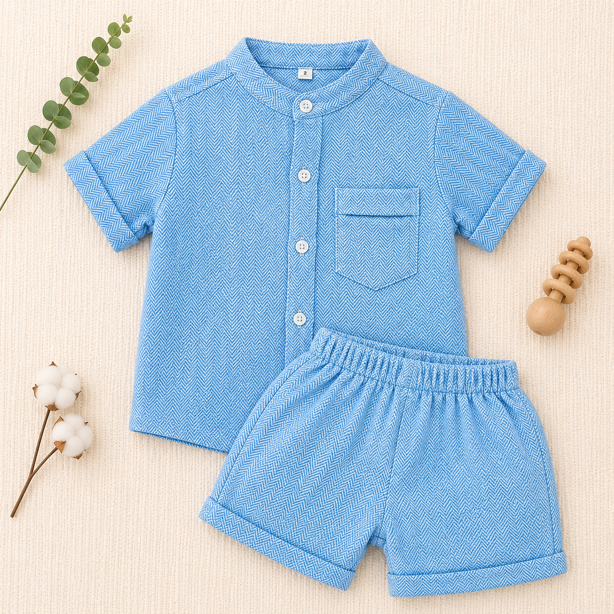 Sky Blue Herringbone Shirt & Shorts Set