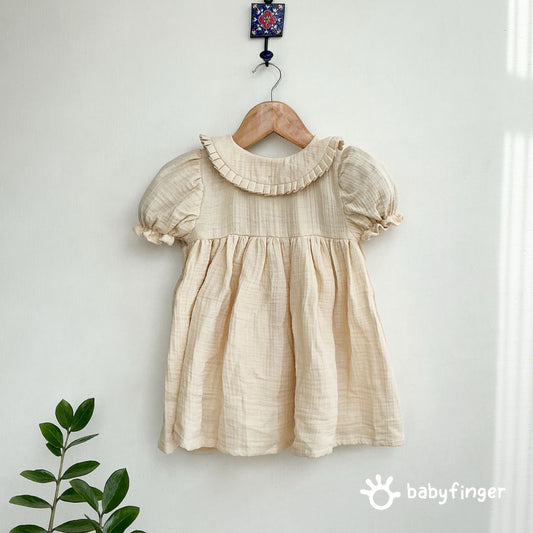 Classic Beige Cotton Baby Dress with Peter Pan Collar