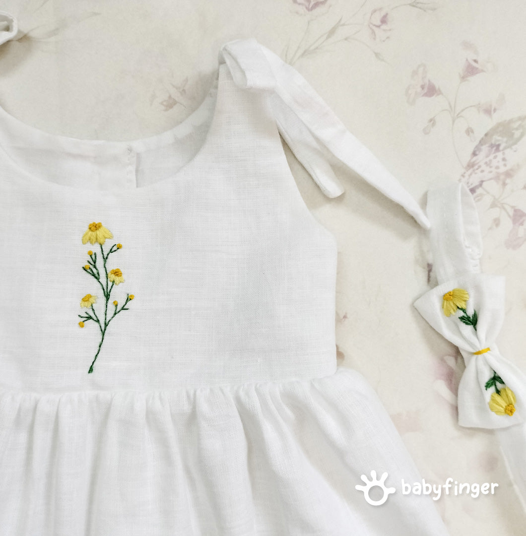 White Floral Baby Frock Set with Booties & Headband