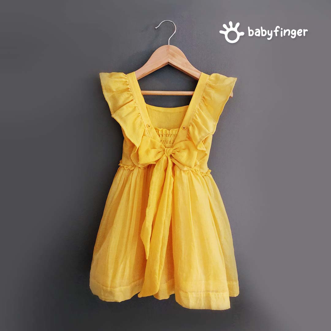 Sunshine Yellow Baby Dress with Floral Embroidery and Back Bow
