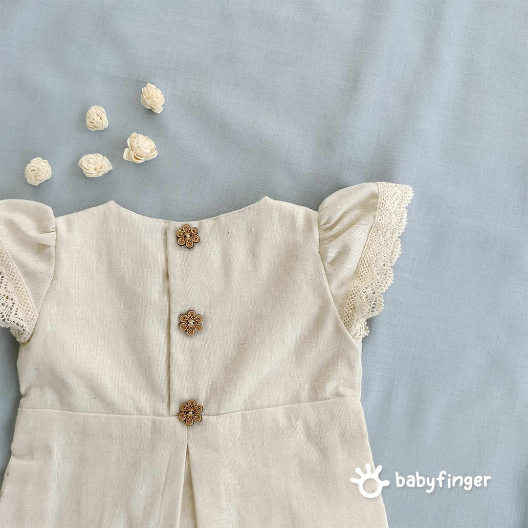 Hand-Embroidered Cream Floral Frock with Lace Sleeves.