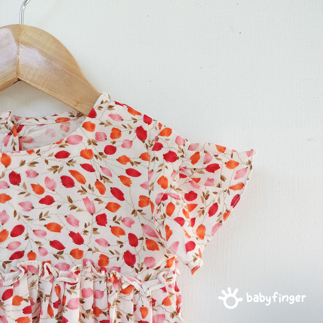Girls' Floral Print Tiered Rayon Dress with Frilled Sleeves.