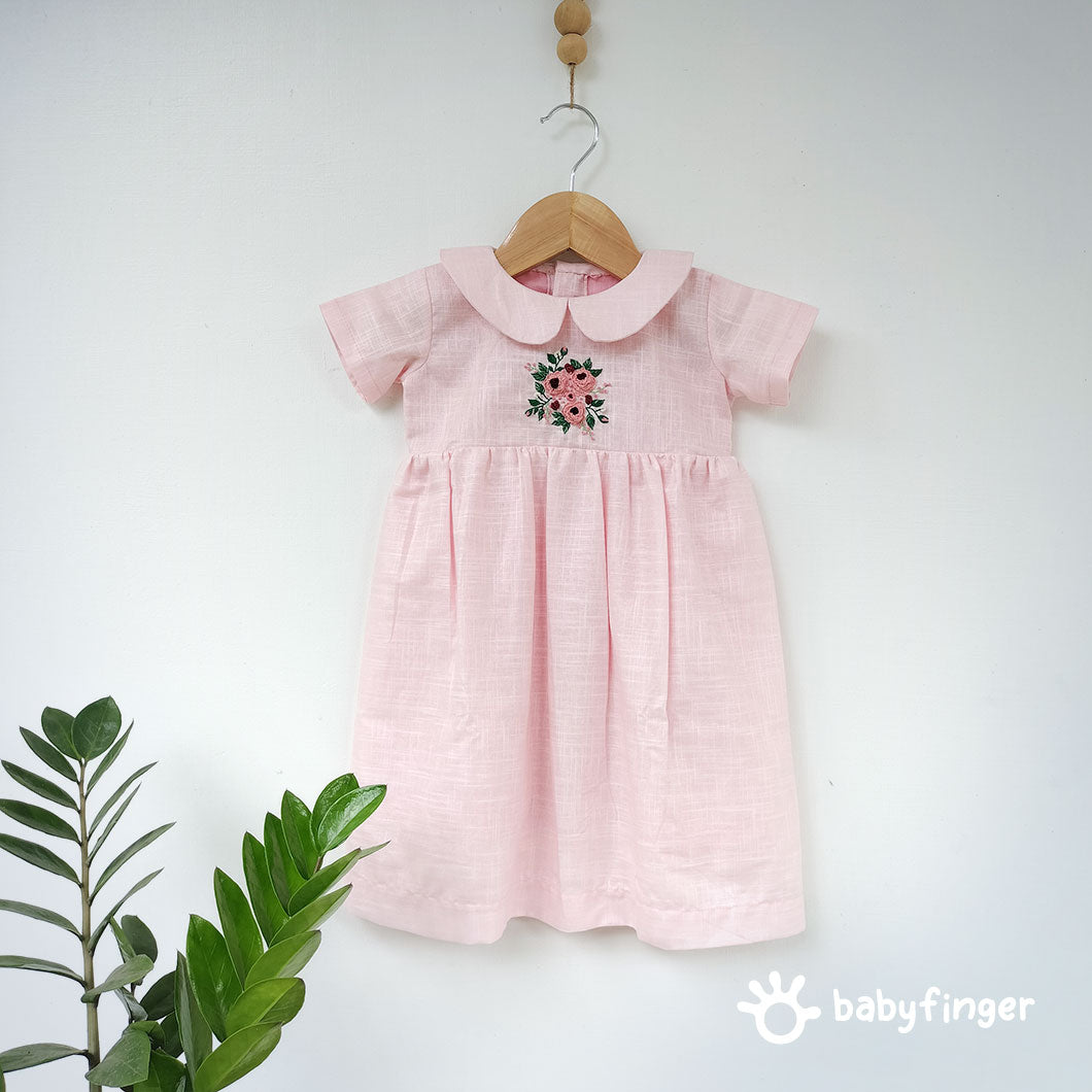 Girls' Pink Linen-Cotton Dress with Embroidered Yoke – Soft & Elegant