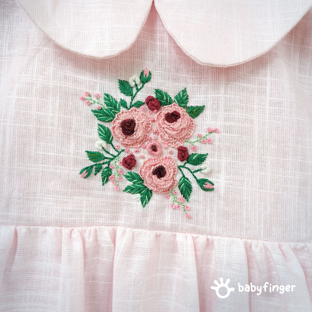 Girls' Pink Linen-Cotton Dress with Embroidered Yoke – Soft & Elegant