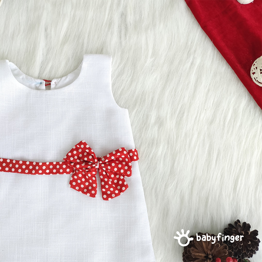 Classic White Baby Dress with Red Polka Dot Bow