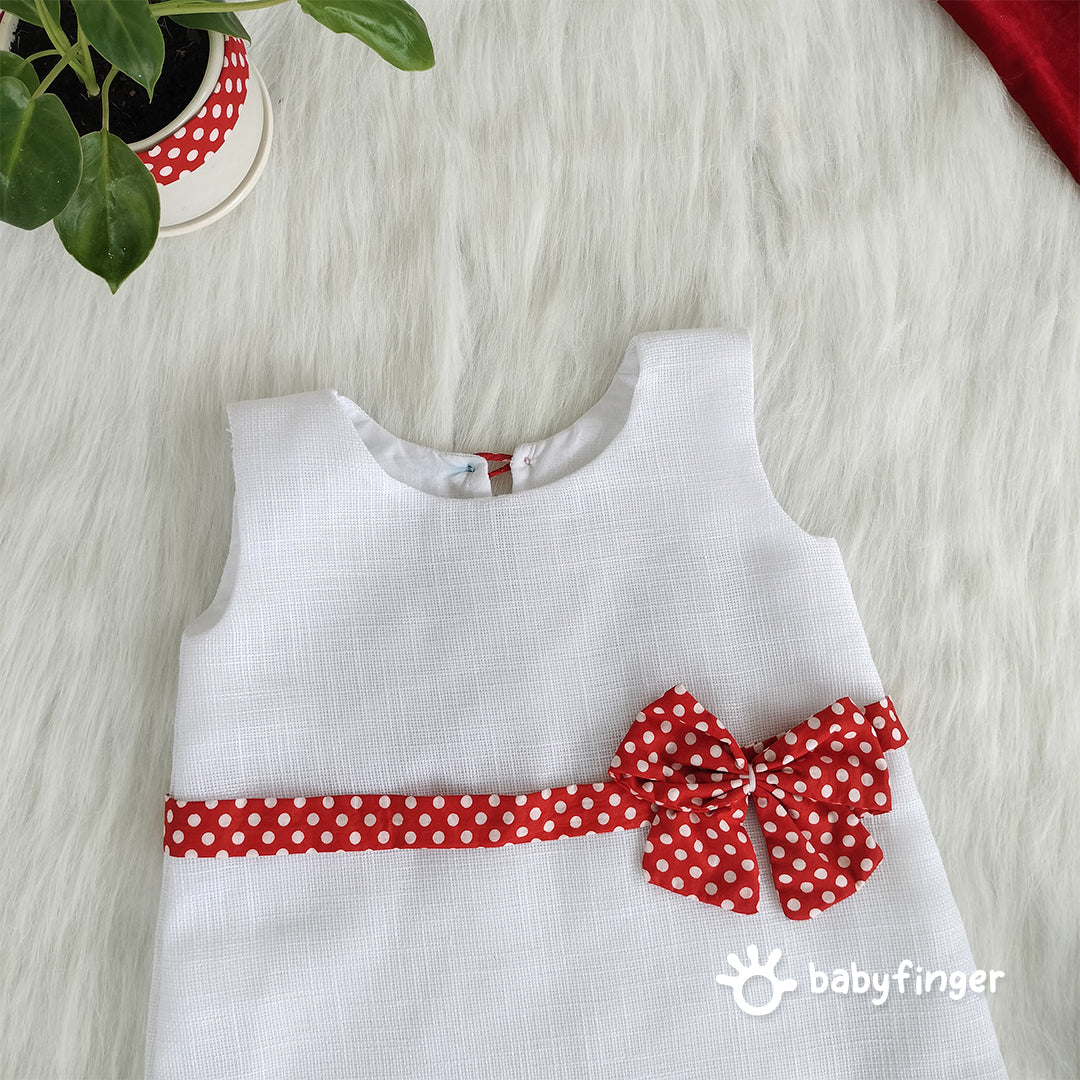 Classic White Baby Dress with Red Polka Dot Bow