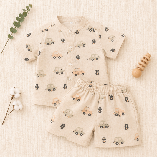 Beige with Multicolour Car Prints Shirt & Short
