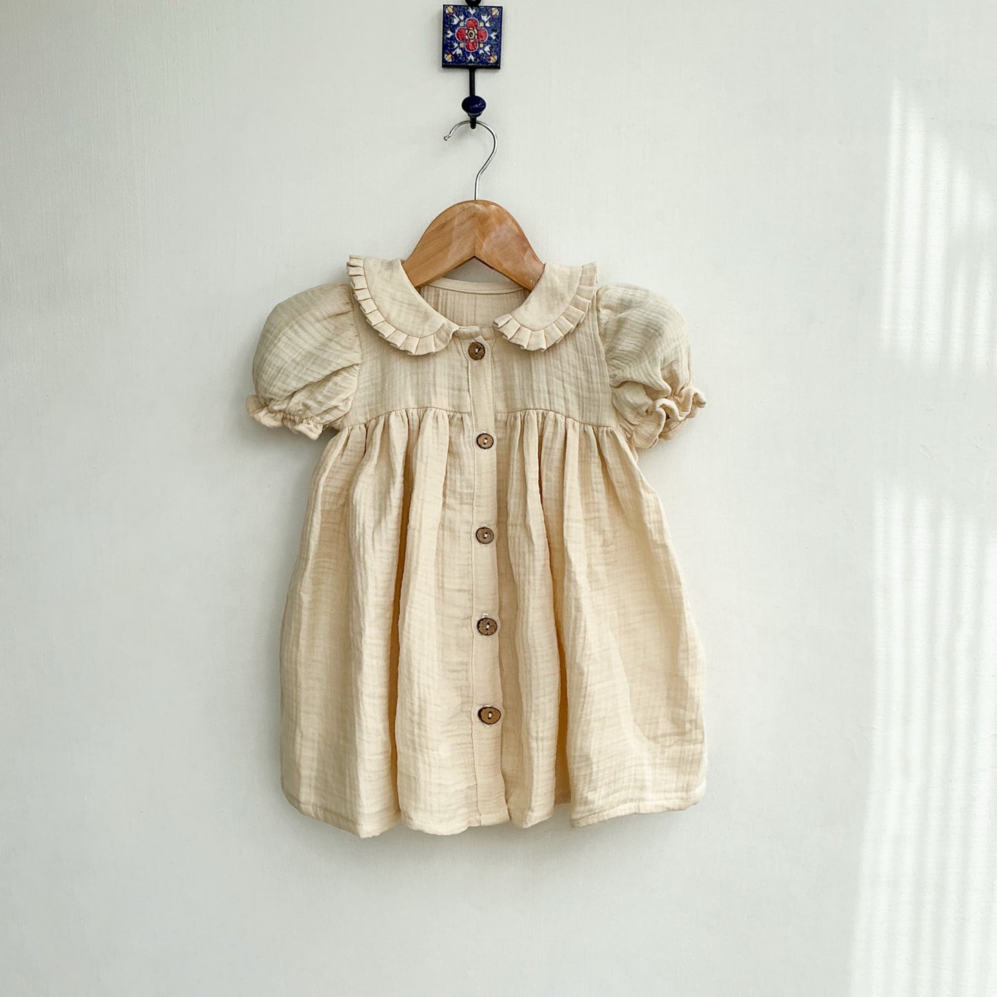 Classic Beige Cotton Baby Dress with Peter Pan Collar