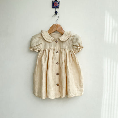 Classic Beige Cotton Baby Dress with Peter Pan Collar