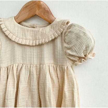Classic Beige Cotton Baby Dress with Peter Pan Collar