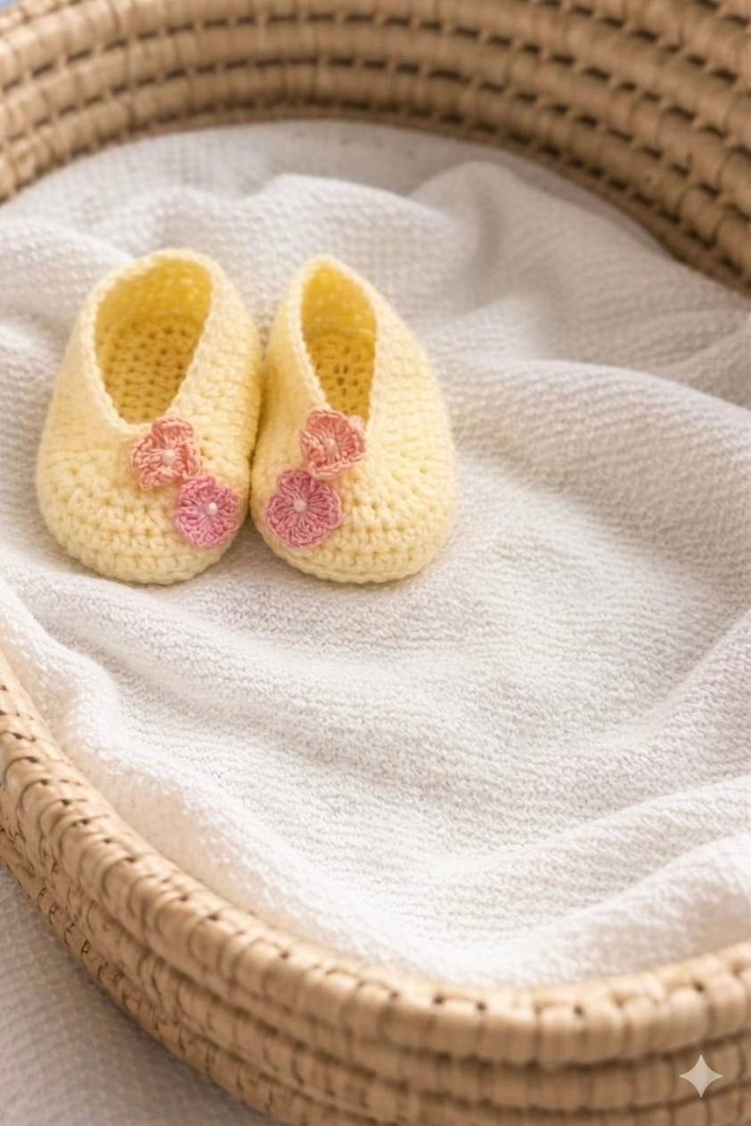 Handmade Crochet Baby Booties with Peach Pink Flower
