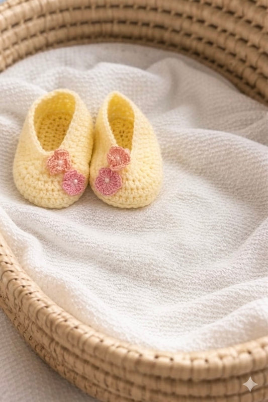 Handmade Crochet Baby Booties with Peach Pink Flower