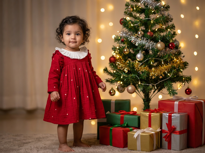Baby Girls Red Pleated Party Dress with White Ruffle Collar