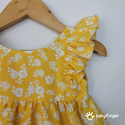 Yellow Floral Ruffle Sleeve Frock For Baby Girl
