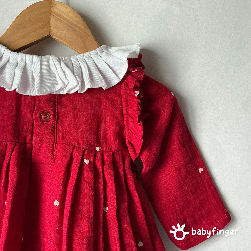 Baby Girls Red Pleated Party Dress with White Ruffle Collar