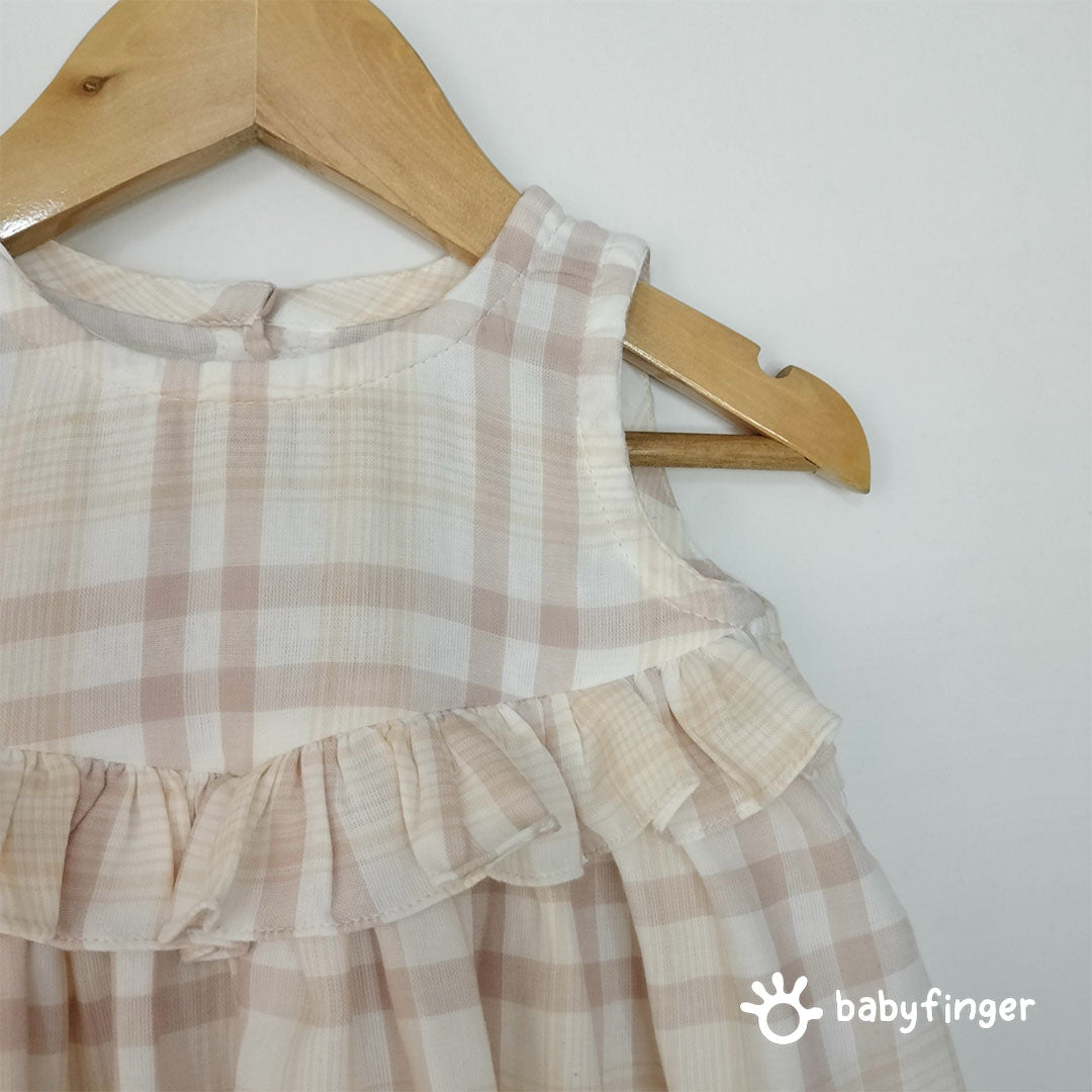 Beige & Cream Checkered Baby Dress with Ruffle Detail