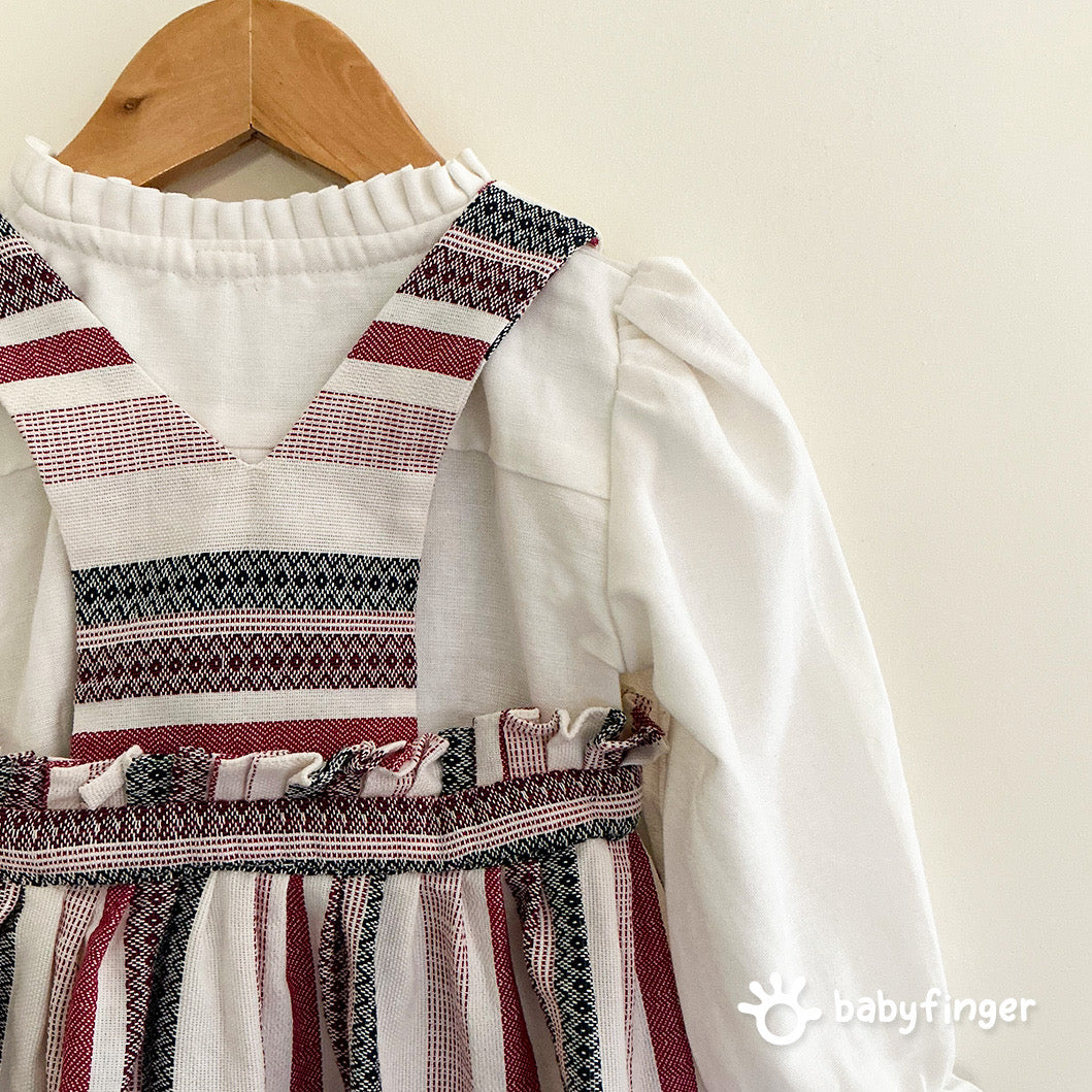 Baby Girls’ Striped Suspender Dress with White Full-Sleeve Top – 2-Piece Set