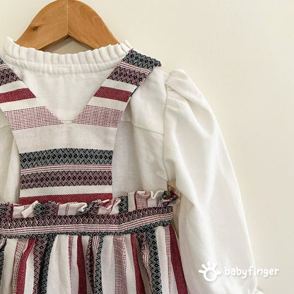 Baby Girls’ Striped Suspender Dress with White Full-Sleeve Top – 2-Piece Set