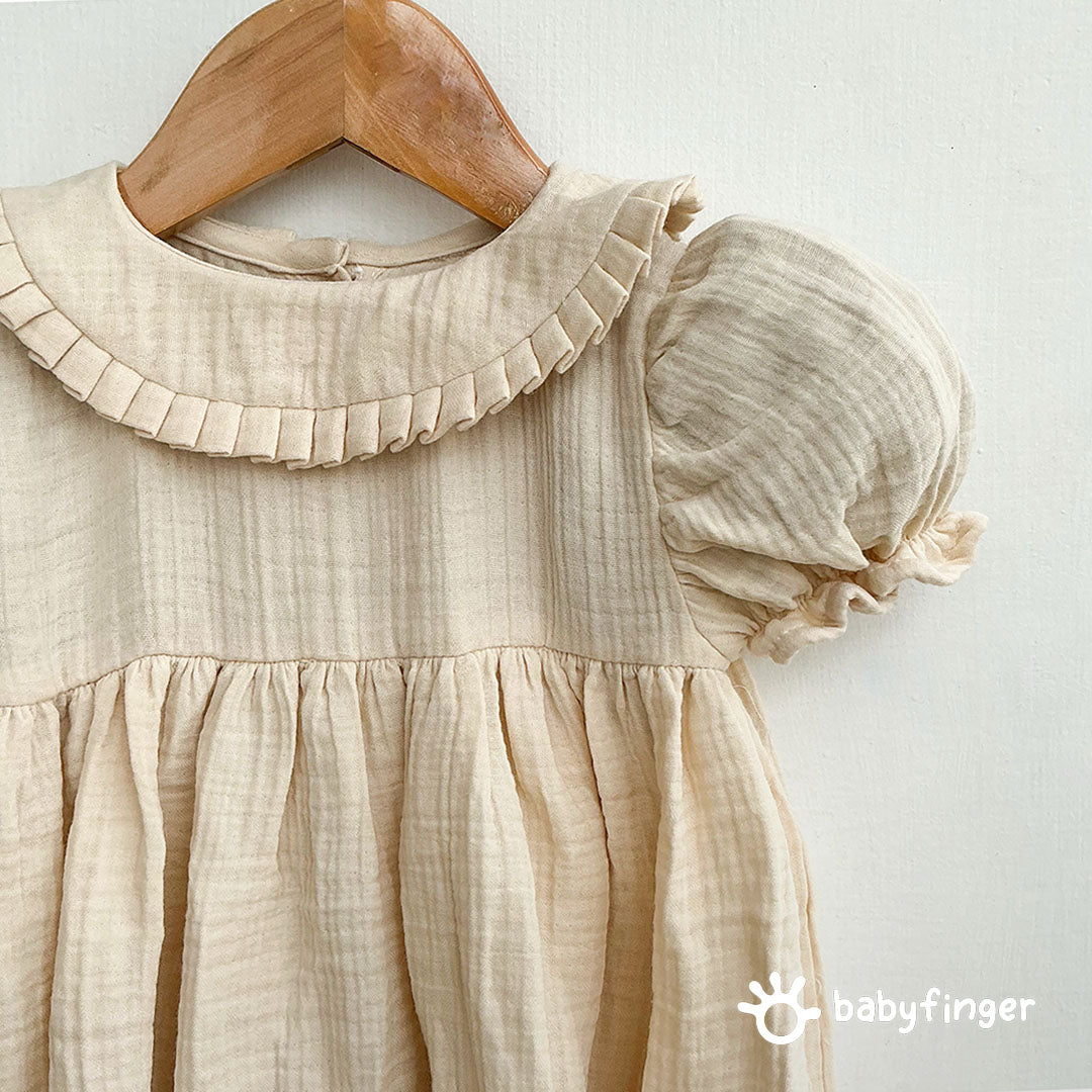 Classic Beige Cotton Baby Dress with Peter Pan Collar