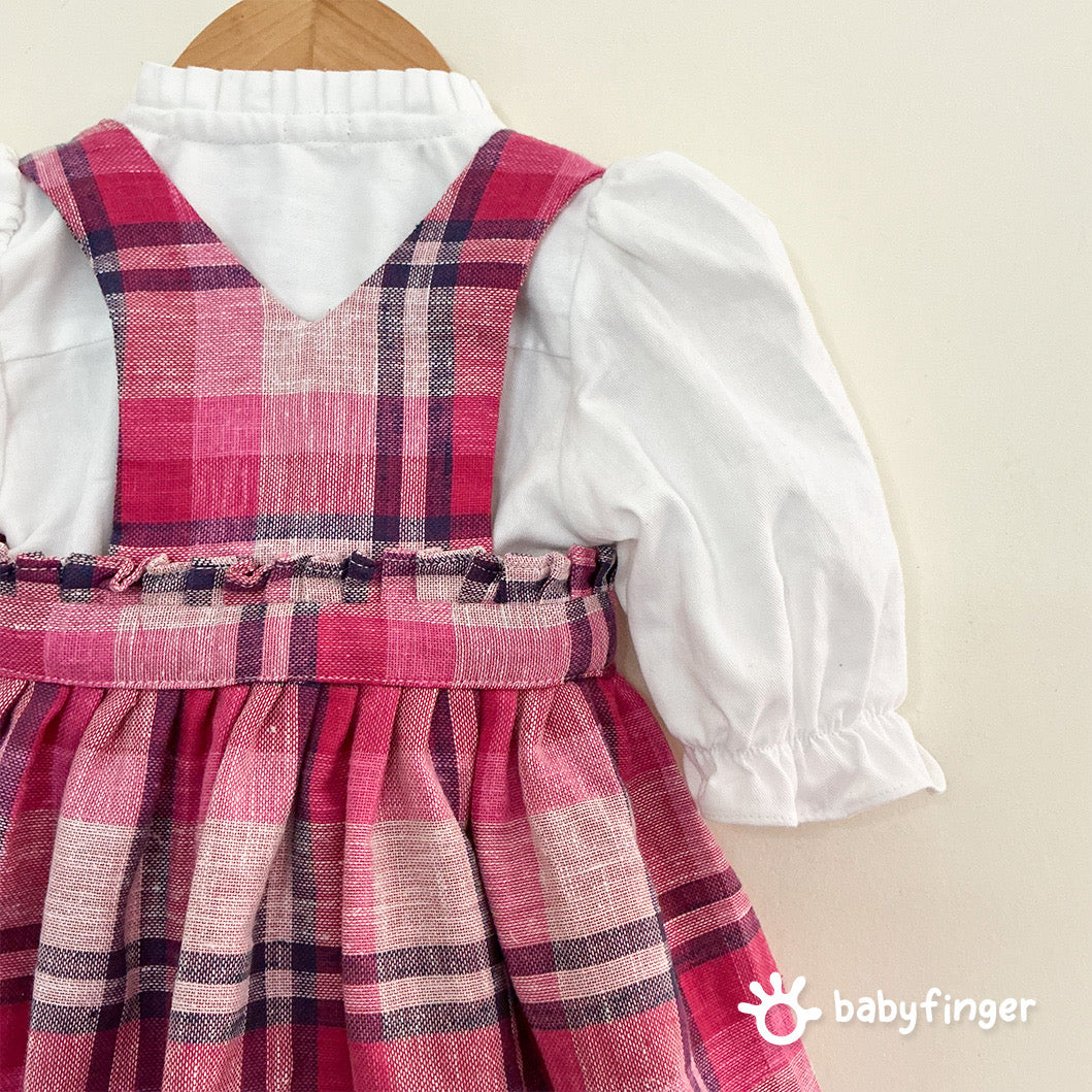 Pink Checkered Suspender Dress with White Puff-Sleeve Top – 2-Piece Set