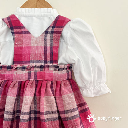 Pink Checkered Suspender Dress with White Puff-Sleeve Top – 2-Piece Set