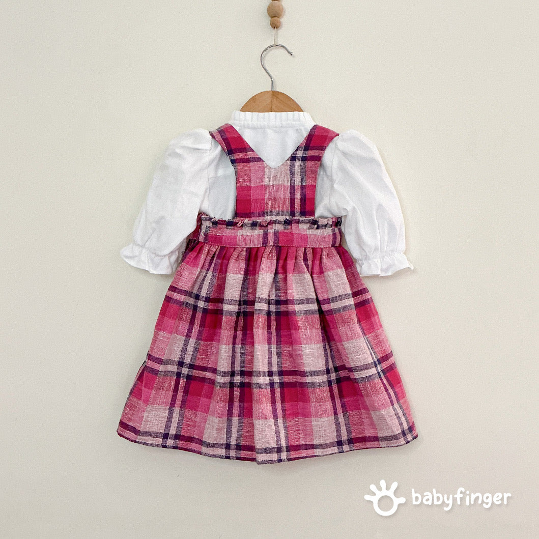 Pink Checkered Suspender Dress with White Puff-Sleeve Top – 2-Piece Set