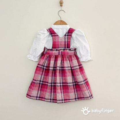 Pink Checkered Suspender Dress with White Puff-Sleeve Top – 2-Piece Set