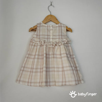 Beige & Cream Checkered Baby Dress with Ruffle Detail