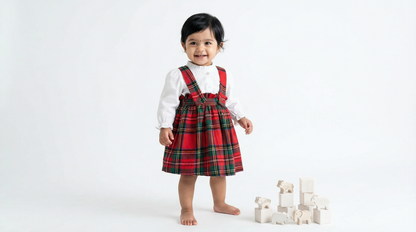Red Tartan Suspender Dress with White Puff-Sleeve Top – 2-Piece Festive Set
