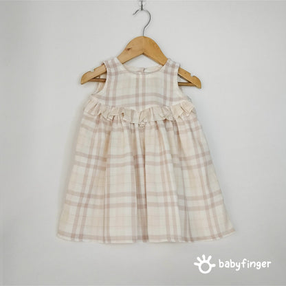Beige & Cream Checkered Baby Dress with Ruffle Detail