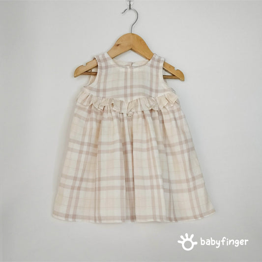 Beige & Cream Checkered Baby Dress with Ruffle Detail