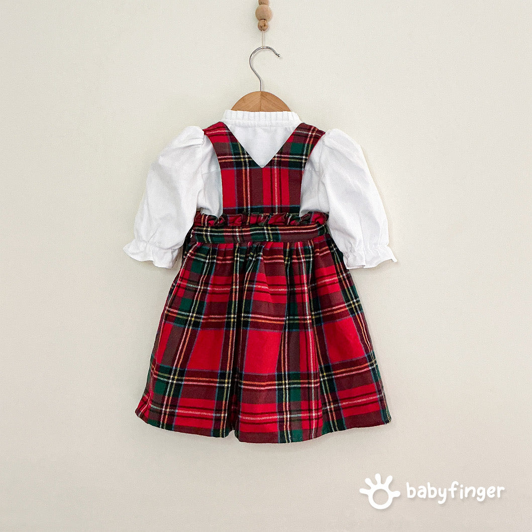 Red Tartan Suspender Dress with White Puff-Sleeve Top – 2-Piece Festive Set