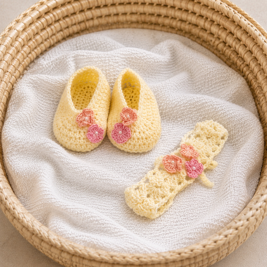 Handmade Crochet Baby Booties with Peach & Pink Floral Headband Set