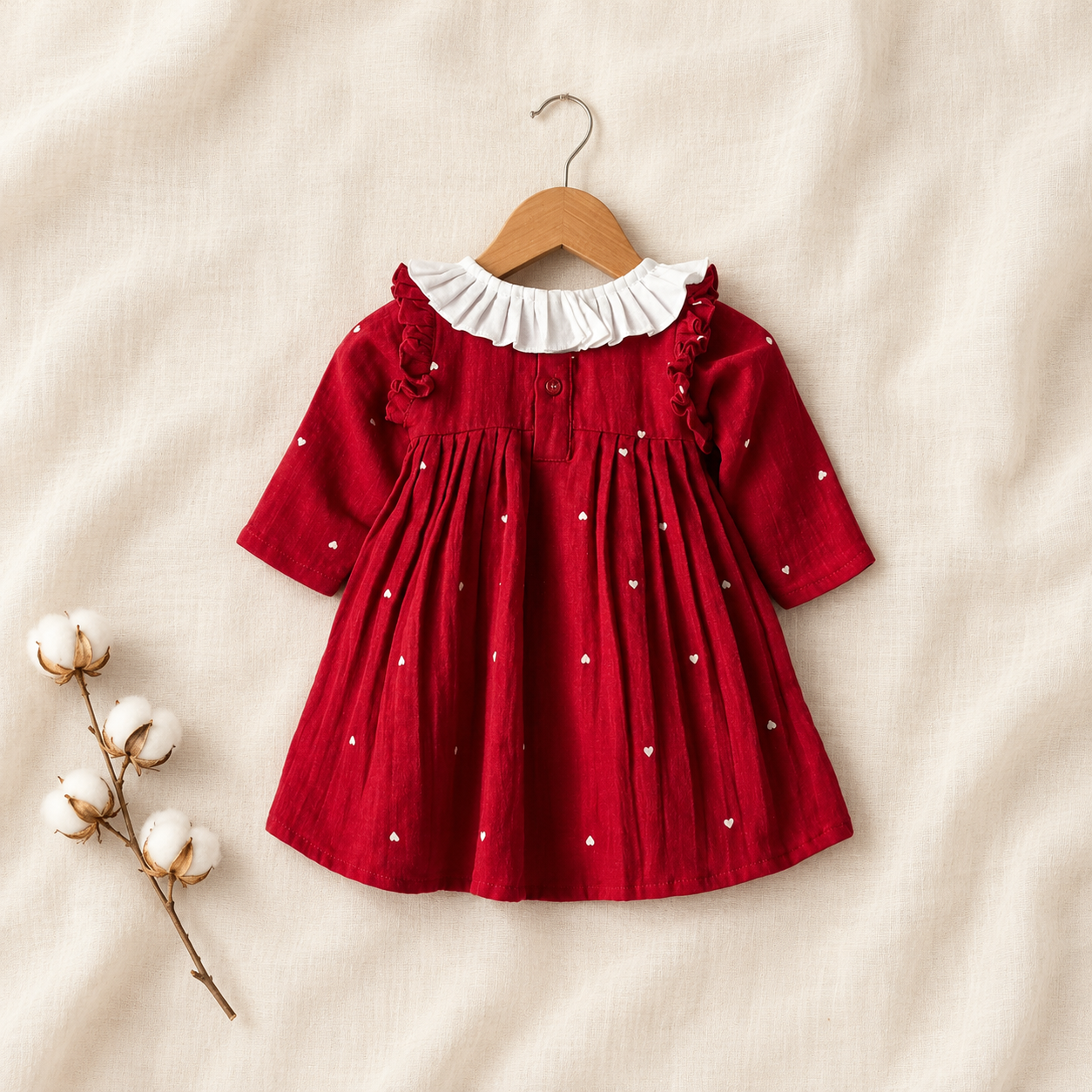 Baby Girls Red Pleated Party Dress with White Ruffle Collar