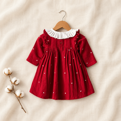 Baby Girls Red Pleated Party Dress with White Ruffle Collar
