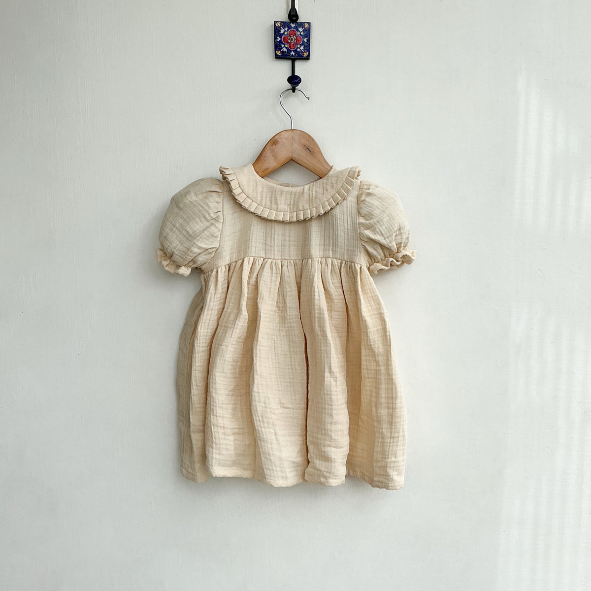 Classic Beige Cotton Baby Dress with Peter Pan Collar