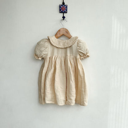 Classic Beige Cotton Baby Dress with Peter Pan Collar
