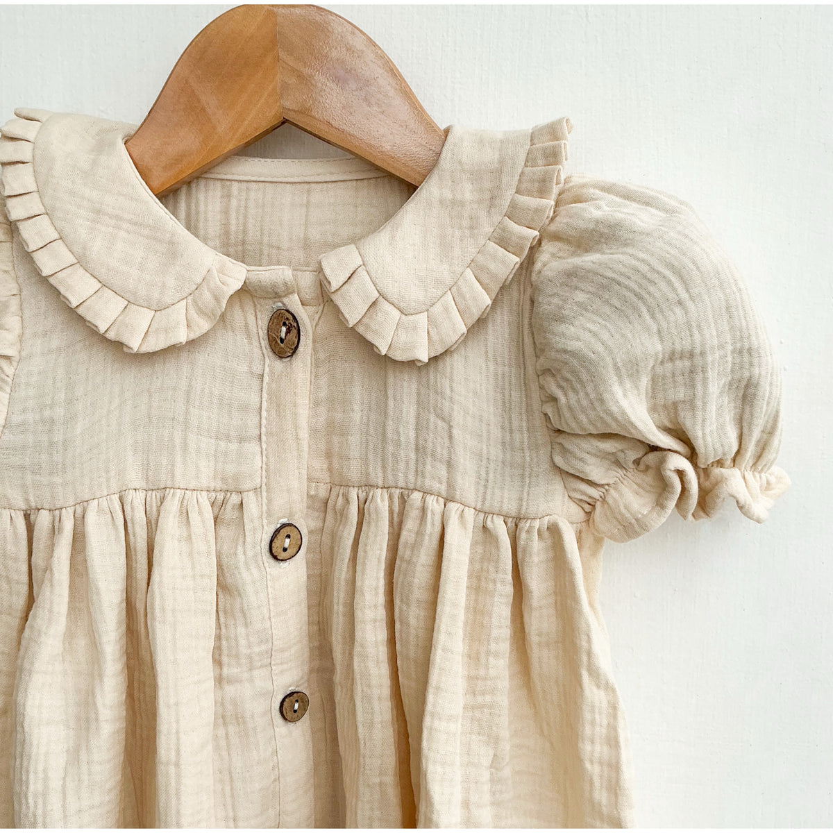 Classic Beige Cotton Baby Dress with Peter Pan Collar