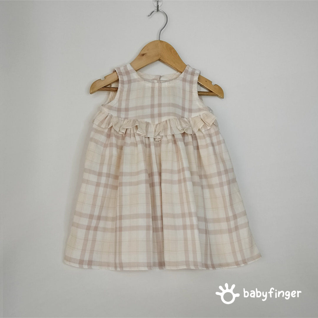 Beige & Cream Checkered Baby Dress with Ruffle Detail