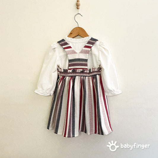 Baby Girls’ Striped Suspender Dress with White Full-Sleeve Top – 2-Piece Set