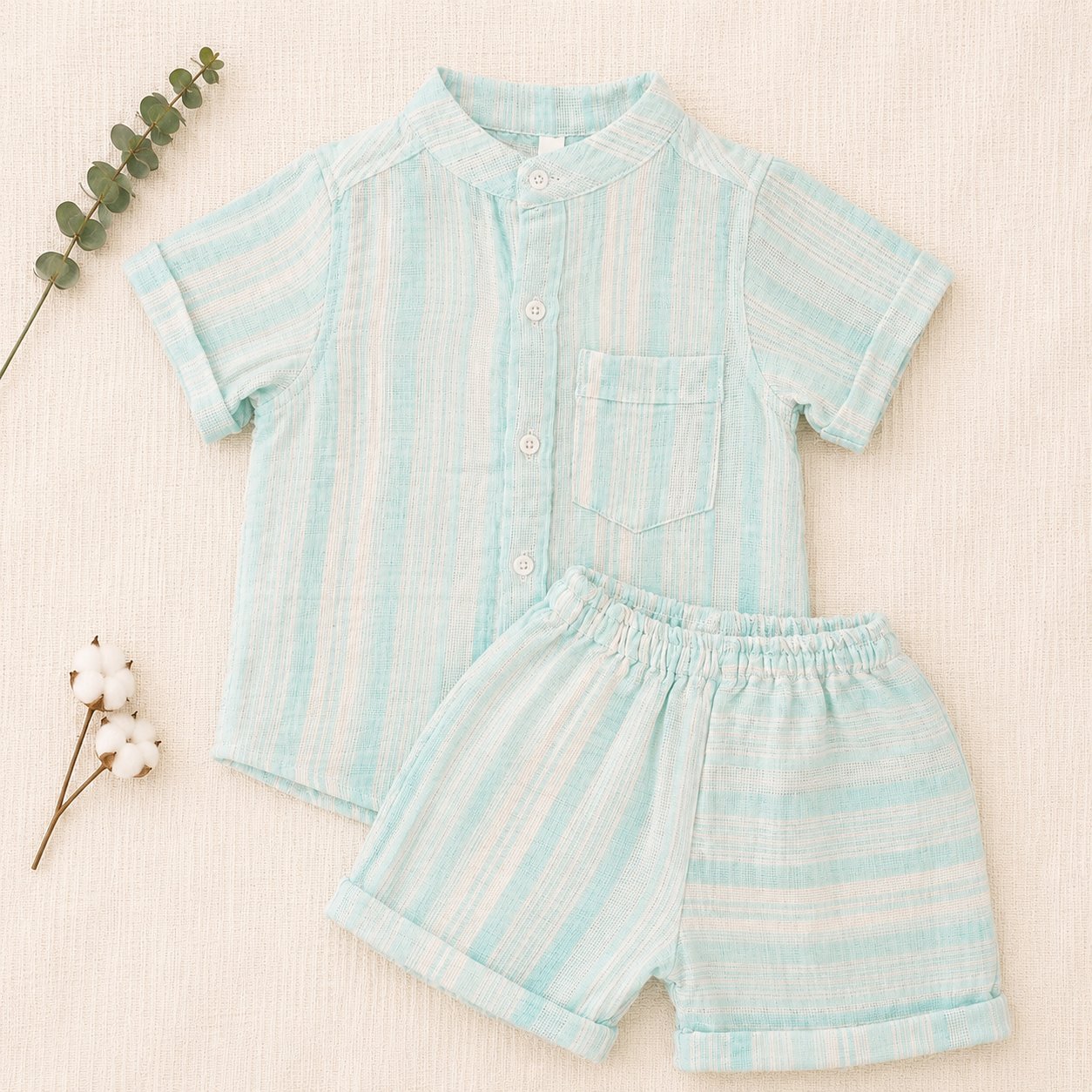 Pastel Mint Striped Shirt & Shorts Set