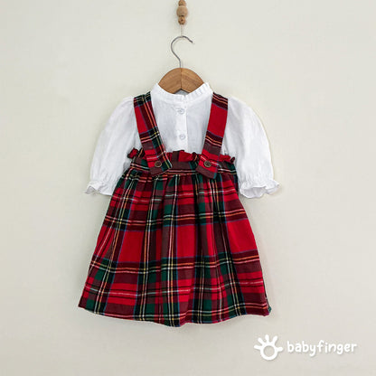 Red Tartan Suspender Dress with White Puff-Sleeve Top – 2-Piece Festive Set