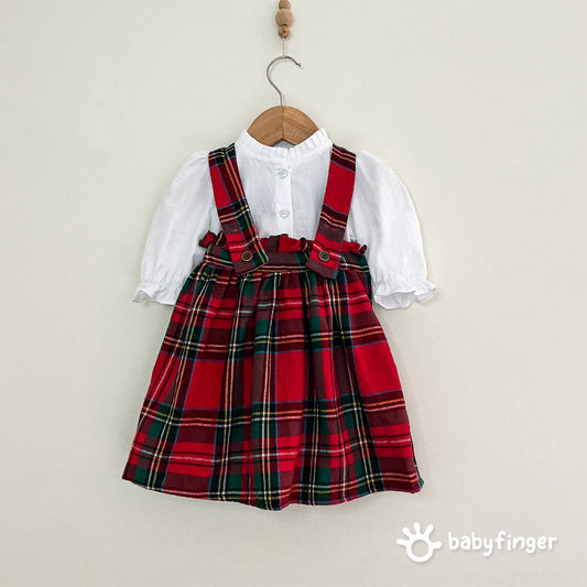 Red Tartan Suspender Dress with White Puff-Sleeve Top – 2-Piece Festive Set