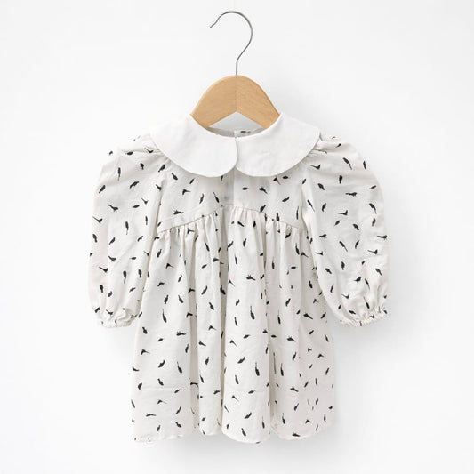 Minimal Print Baby Dress with Puff Sleeves