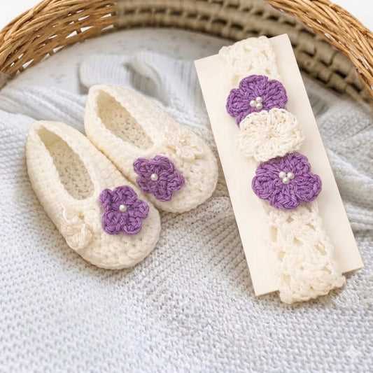 Handmade Crochet Baby Booties with Lavender Floral Headband Set